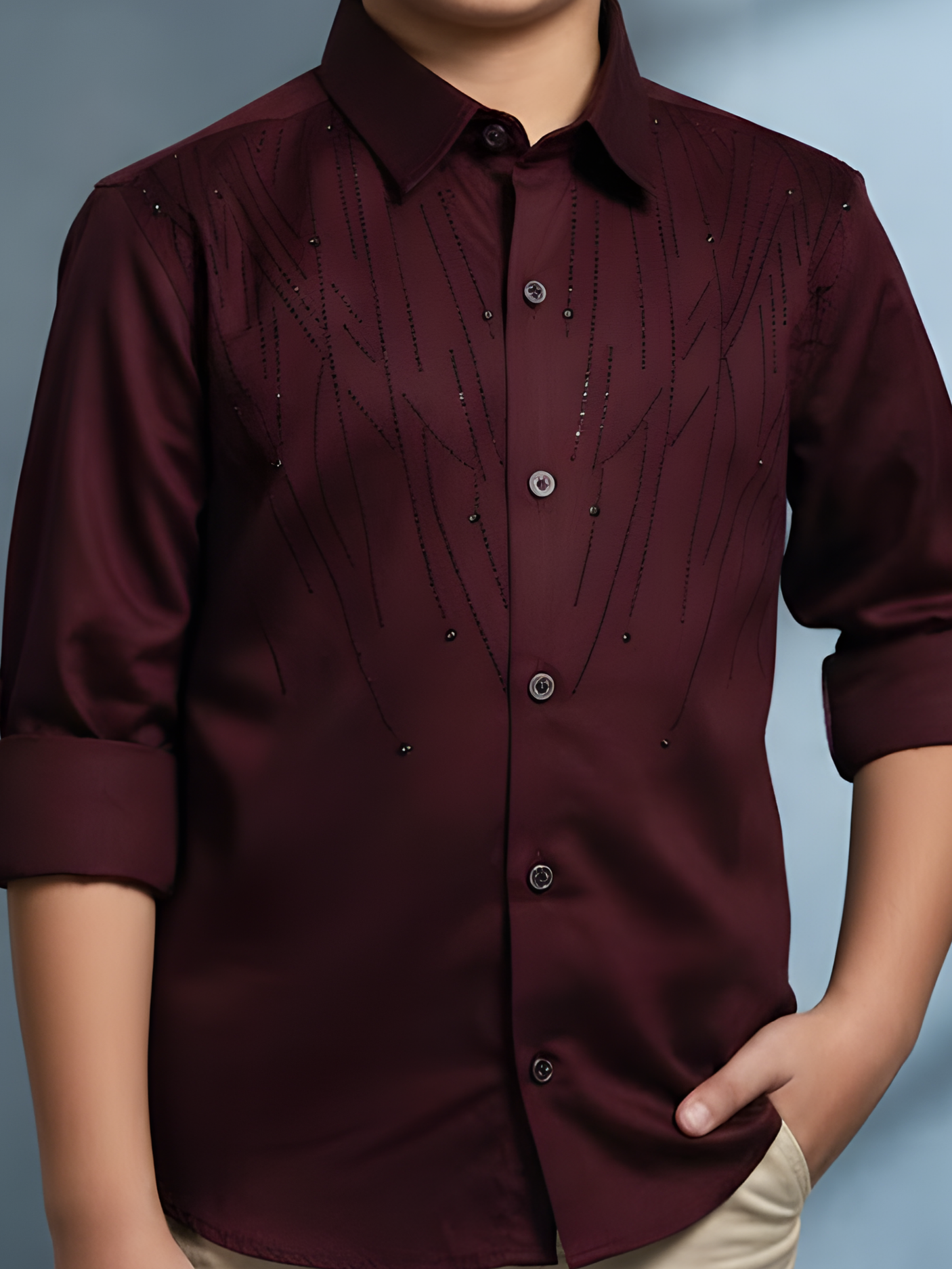 Boys Maroon Embroidered Slim-Fit Party Wear Shirt