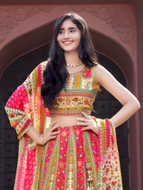 Women's Cream & Pink Rajasthani Print Silk Lehenga Choli Set