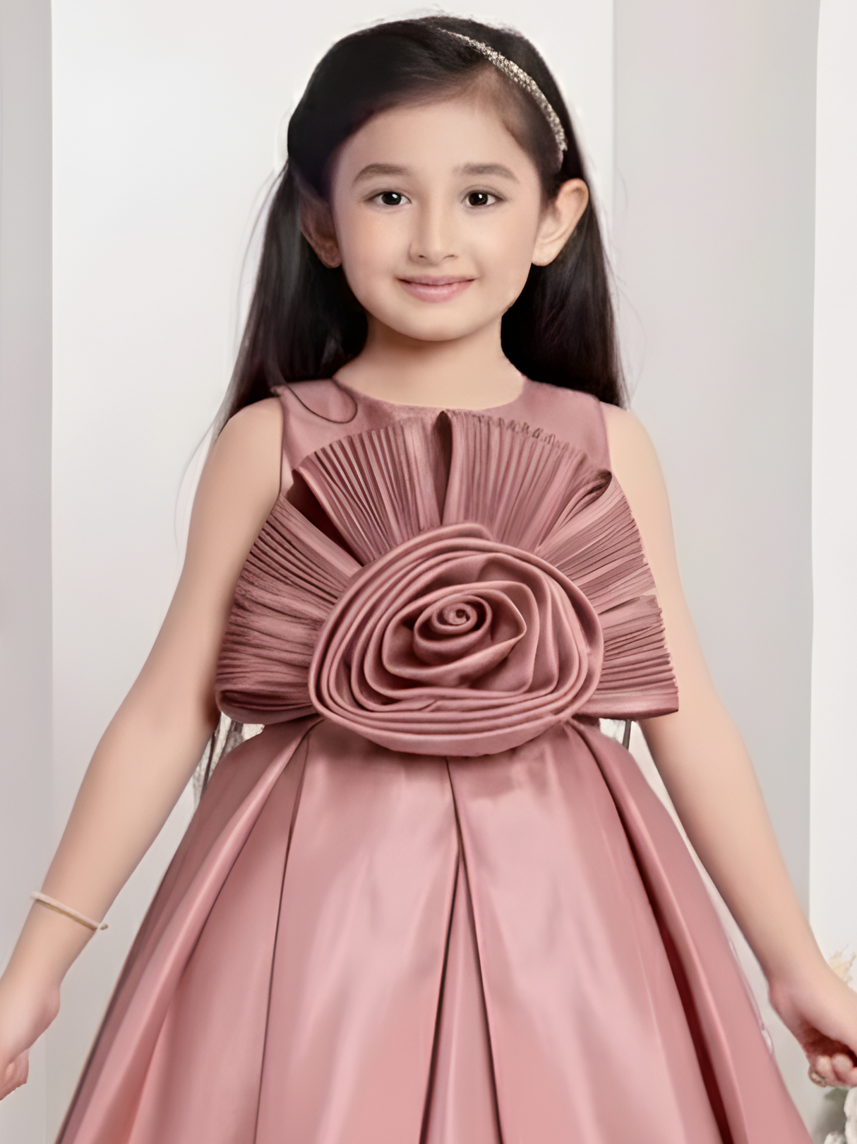 Girls Party Satin Western Gown With Work - Peach