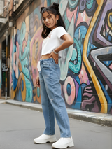 Girls Blue Embroidered Straight Fit Jeans – Lace Belt & Stylish Letter Print