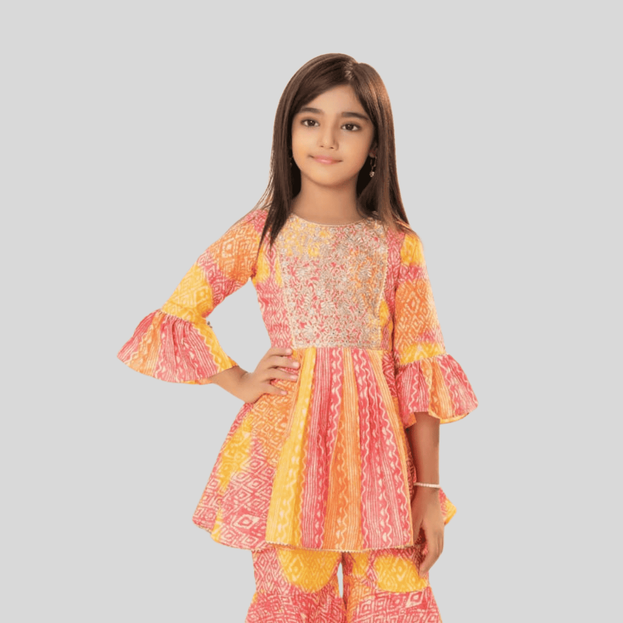 Girls Traditional Full Sleeves Sharara Set - Orange