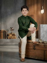 Boys' Dark Green Full-Sleeve Kurta Set with Traditional Bandhani Style Print