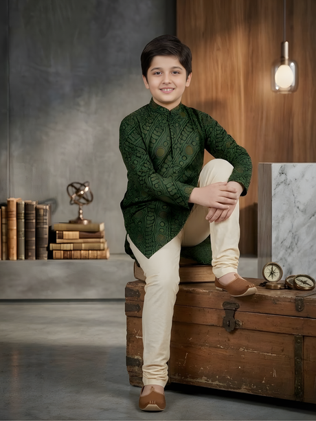 Boys' Dark Green Full-Sleeve Kurta Set with Traditional Bandhani Style Print