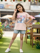 Girls' "Just Be Cool" Anime Graphic Tee - Peach