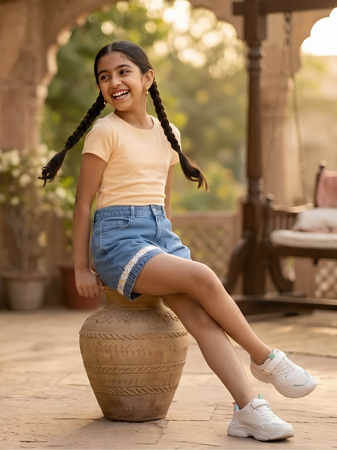 Girls Casual Blue Denim Shorts with Embroidered Hem