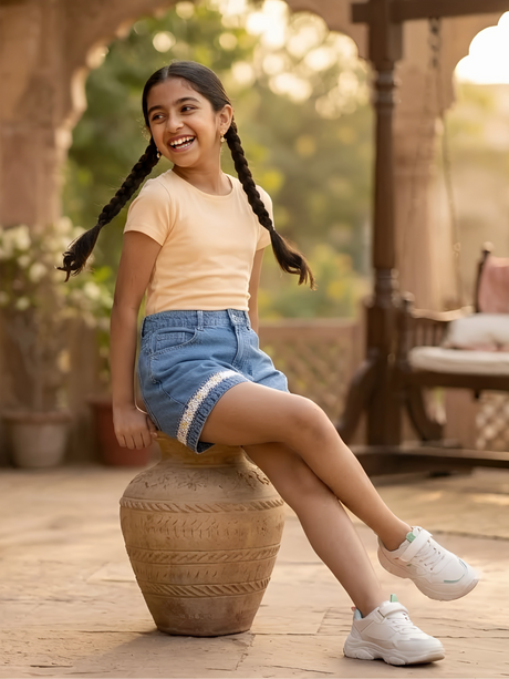 Girls Casual Blue Denim Shorts with Embroidered Hem