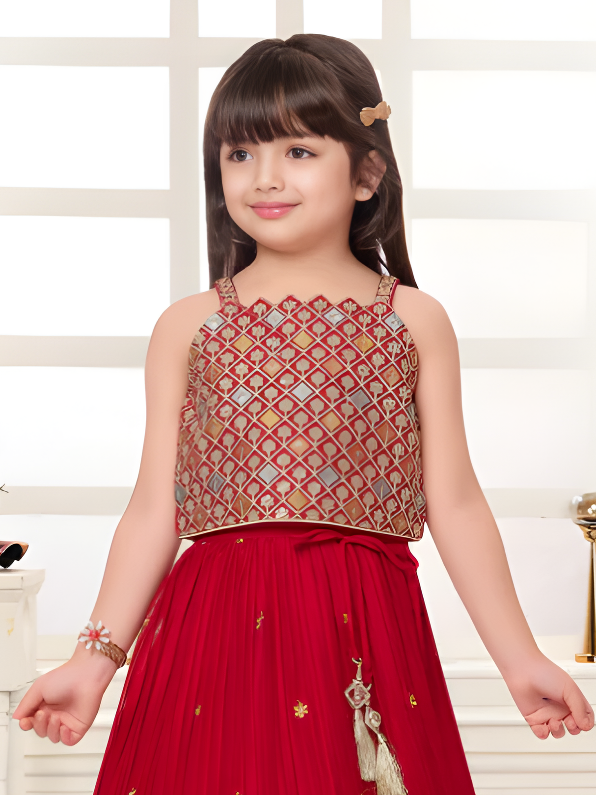 Girls' Bright Maroon Bandhani Print Lehenga Choli Set
