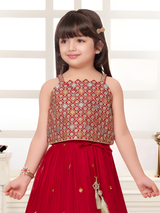 Girls' Bright Maroon Bandhani Print Lehenga Choli Set