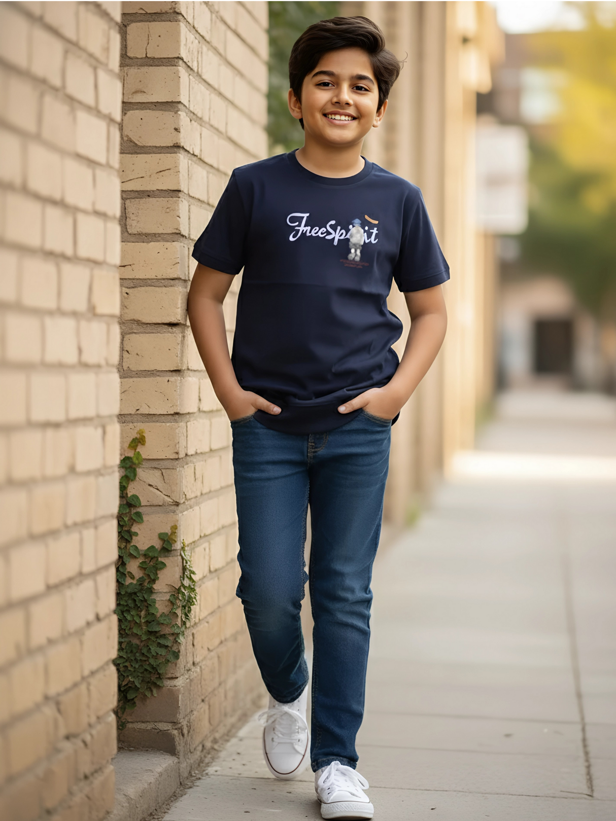 Kids' 'Free Spirit' Adventure Graphic T-Shirt - Dark Navy Blue.
