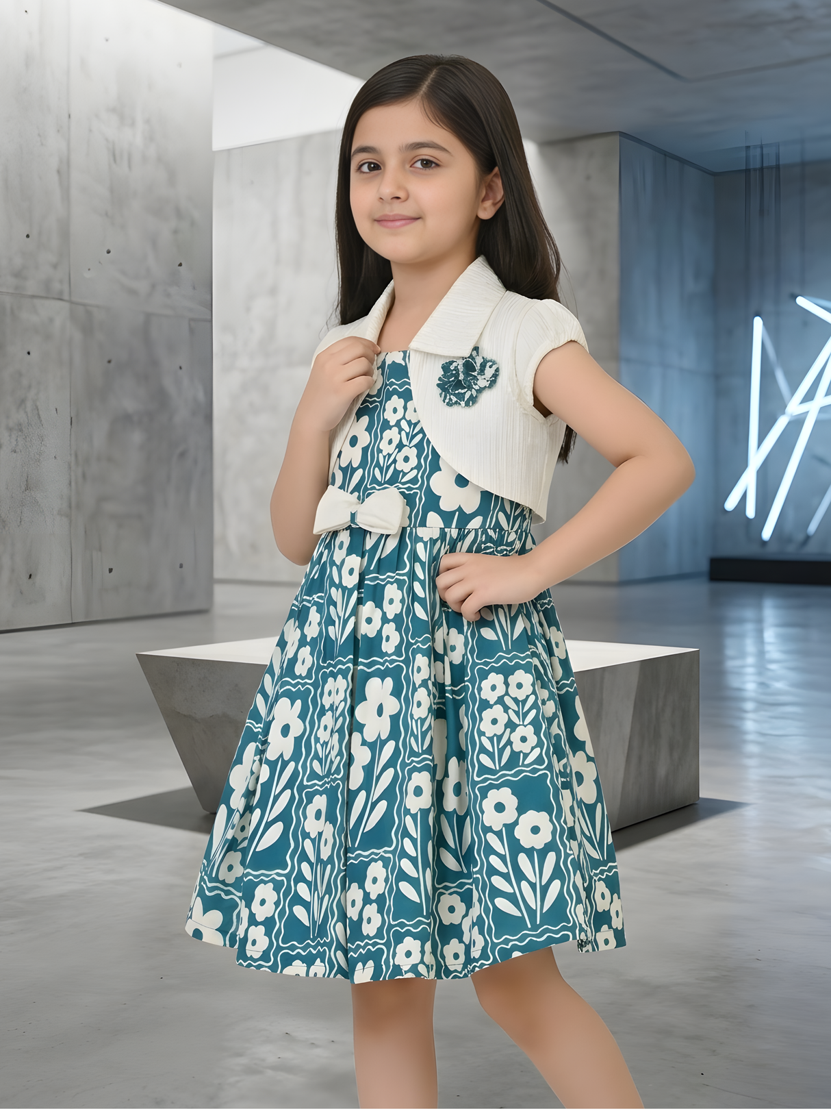 Vintage-Inspired Teal Floral Frock Set with Cream Textured Bolero