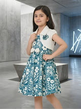 Vintage-Inspired Teal Floral Frock Set with Cream Textured Bolero