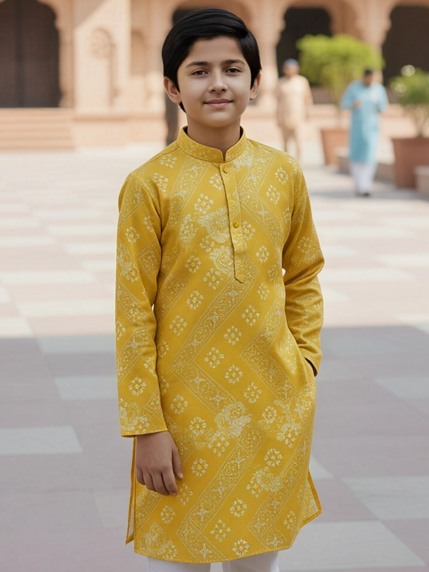 Boys' Vibrant Yellow Bandhani Print Kurta with White Pajama