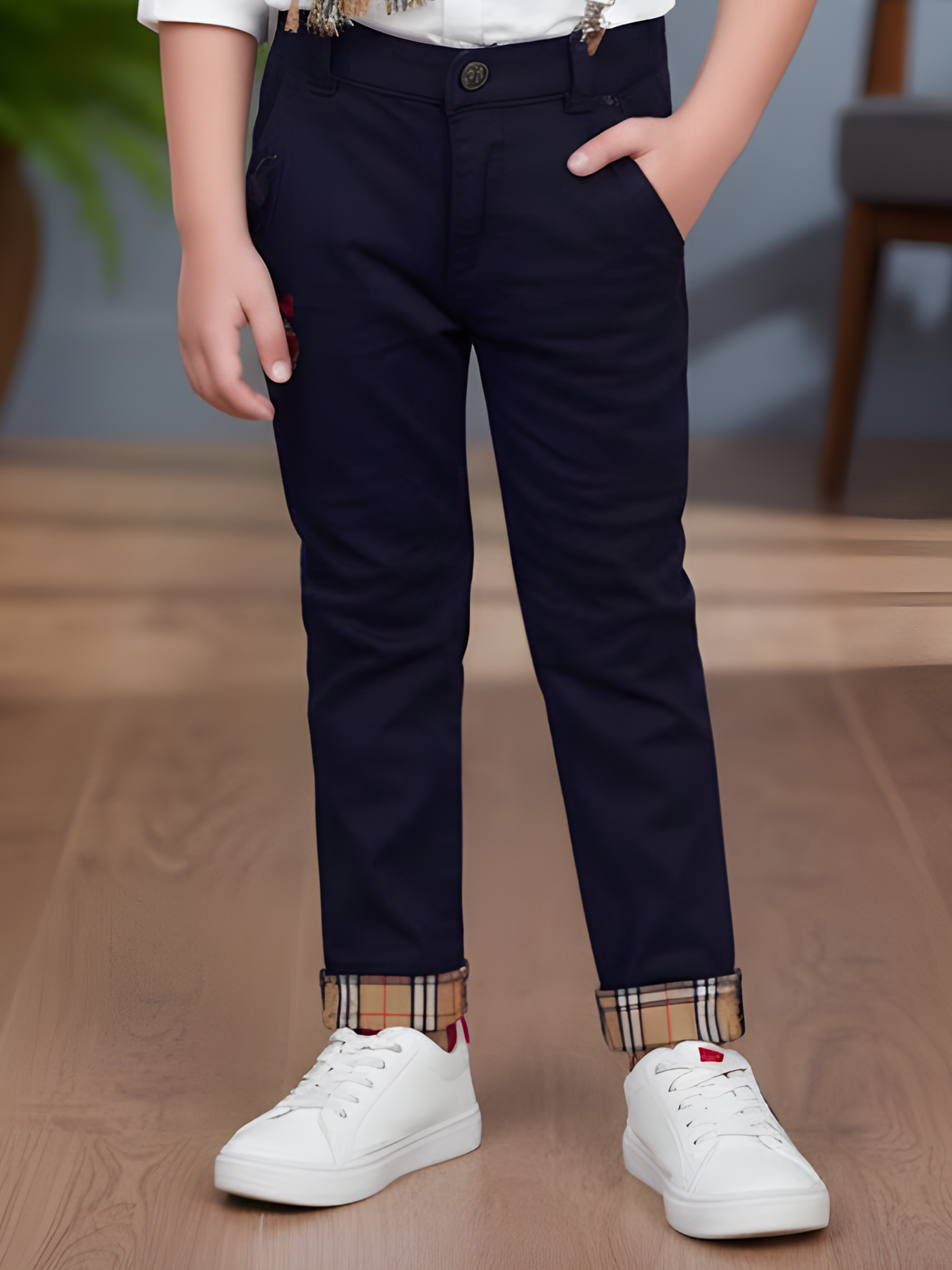 Boys' Elegant White Shirt & Navy Suspender Set with Checkered Scarf