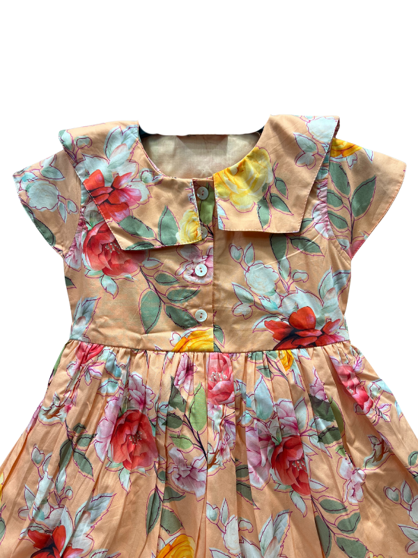 Girls Floral Dress with Peter Pan Collar - Orange and Floral Print