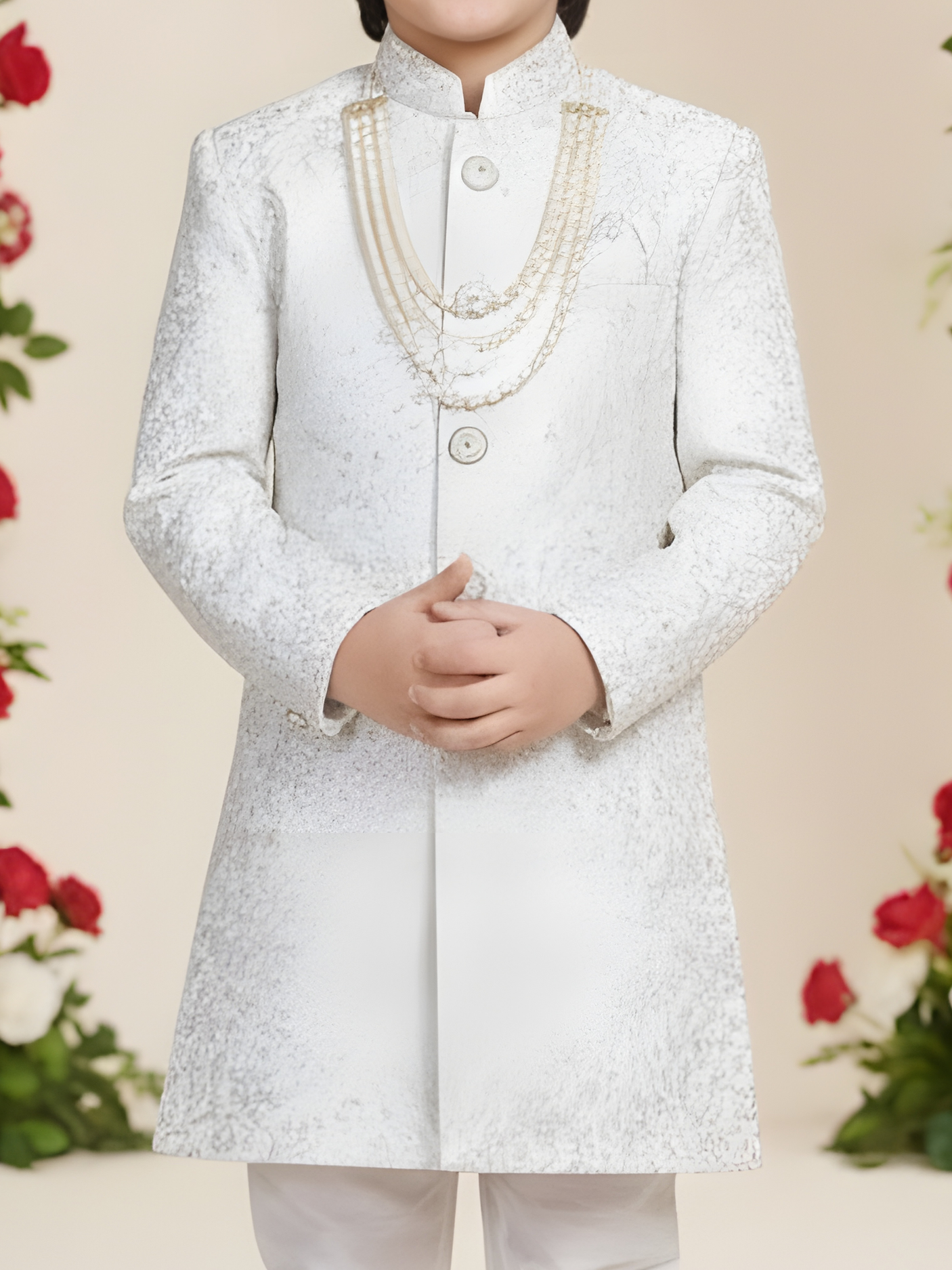 Boys' Ivory White Jacquard Achkan Suit with Churidar
