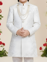 Boys' Ivory White Jacquard Achkan Suit with Churidar