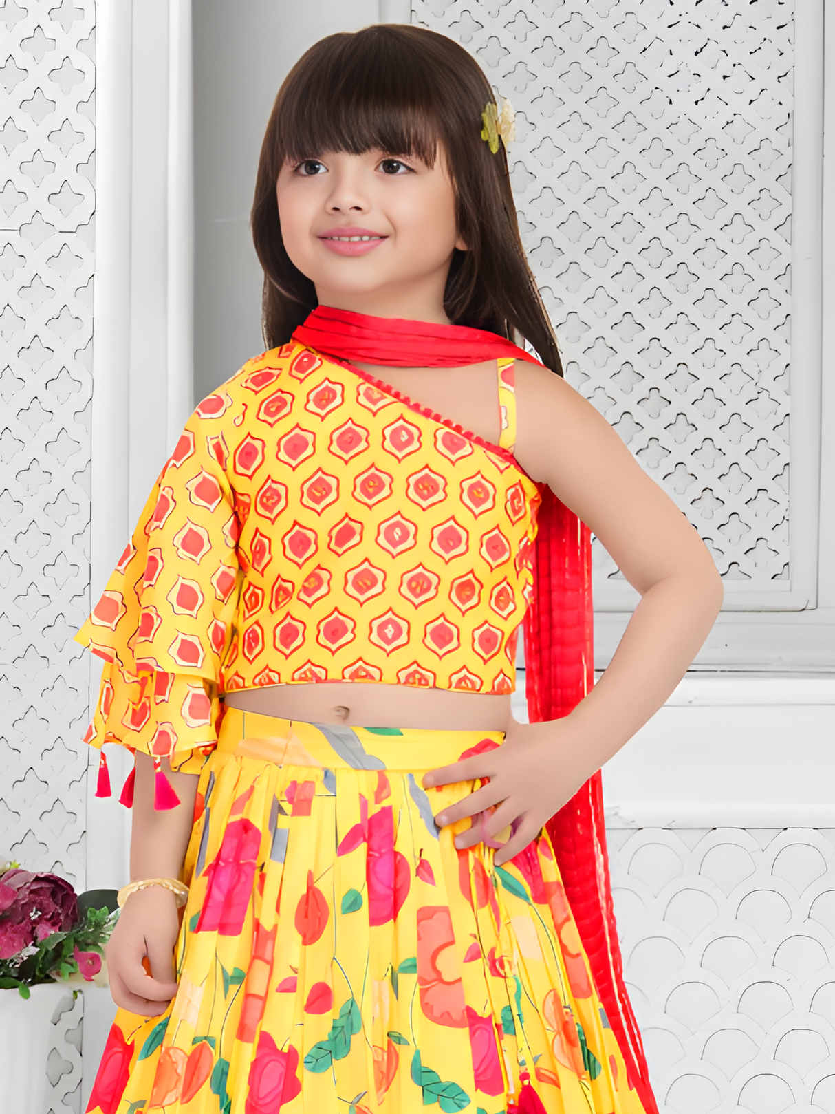 Girls' Elegant Ivory Multi-Color Embroidered Lehenga Set