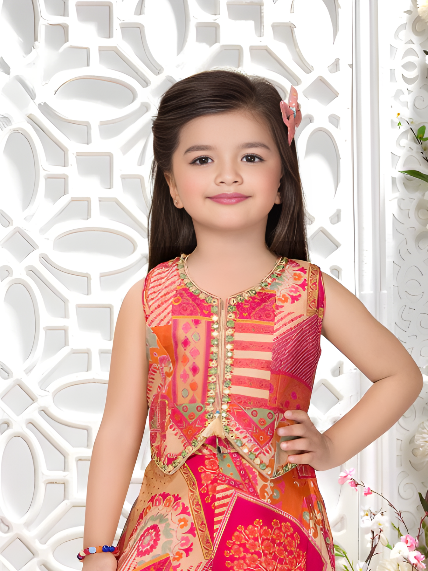 Girls' Red & Pink Printed Jumpsuit with Attached Vest