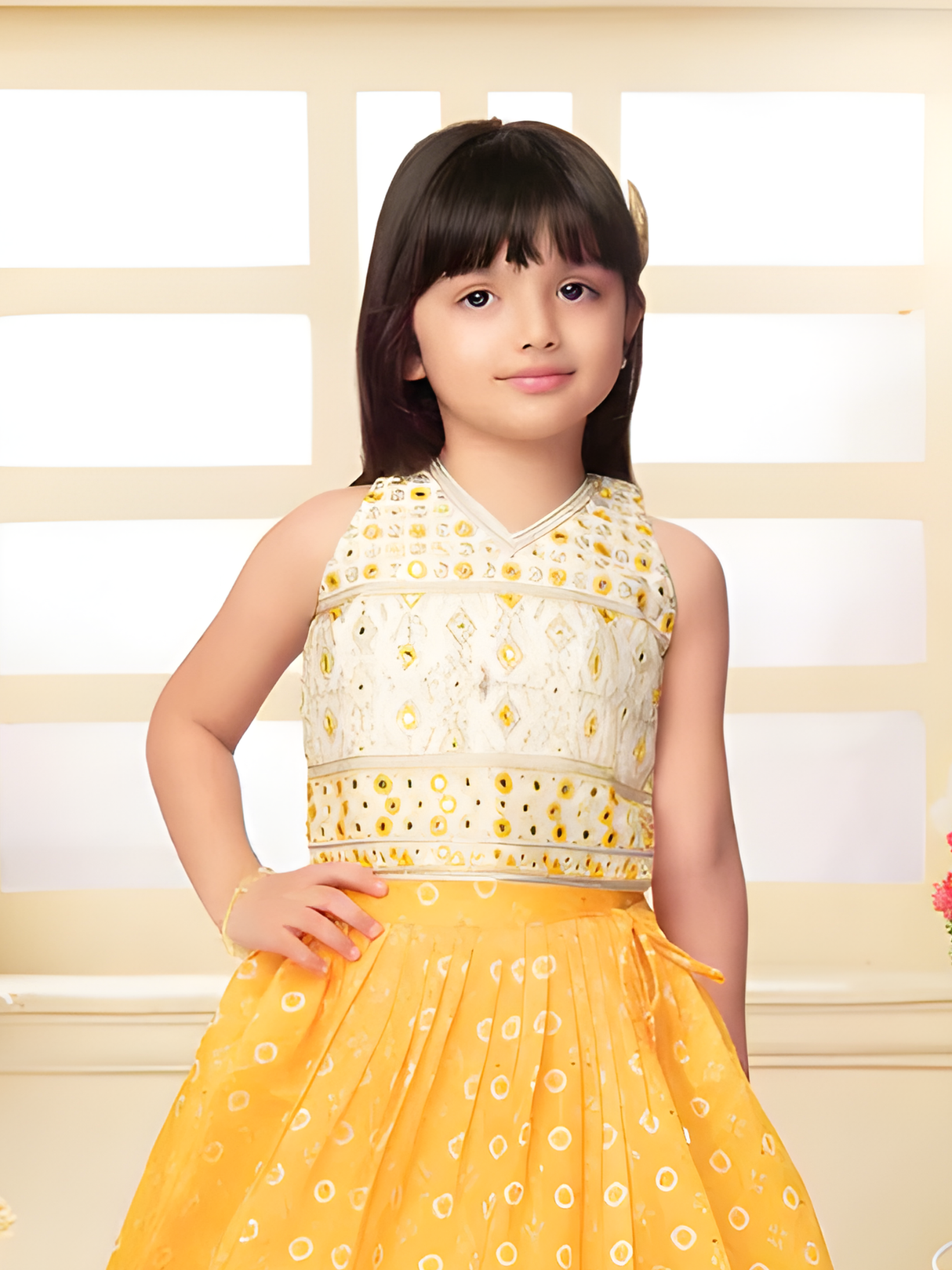 Girls' Bright Yellow Floral Lehenga Set with One-Shoulder Choli