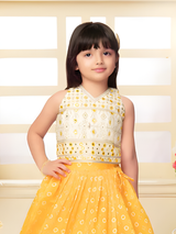 Girls' Bright Yellow Floral Lehenga Set with One-Shoulder Choli
