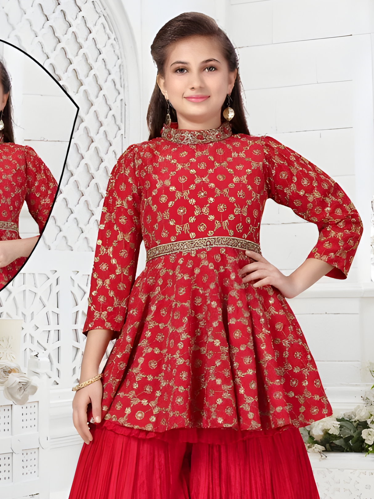 Girls Traditional 3/4th Sleeves Ghagara Set - Red