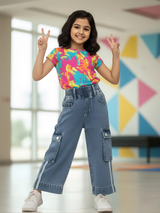 Girls High-Waist Wide Leg Denim Cargo Pants - Atlantic Blue