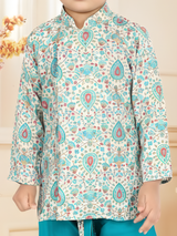 Boys' Cream Printed Kurta and Firozy Blue Dhoti Set