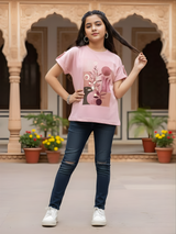 Girls Rose Pink Fashion Top with Abstract Botanical Print.