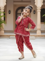 Girls Red Leheriya Angrakha Peplum & Dhoti Pant Set