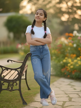 Girls' Embellished Blue Wide-Leg Denim Jeans