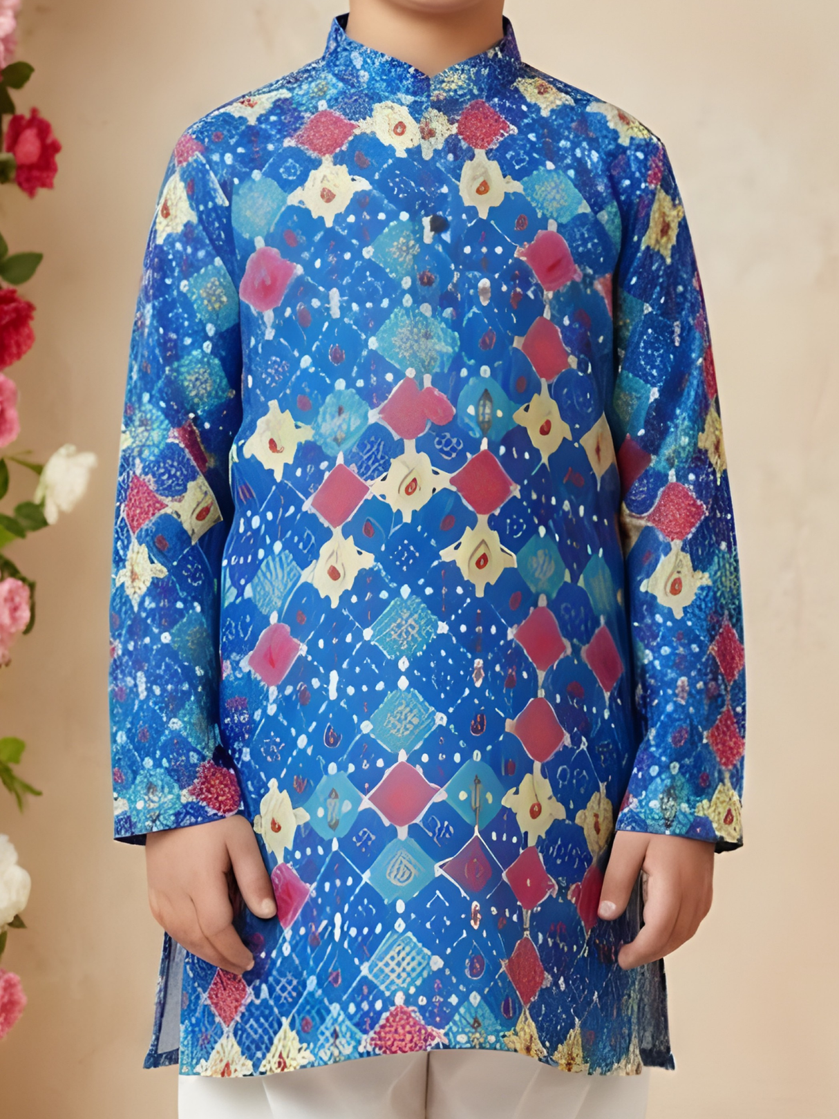 Boys' Bright Blue Festive Geometric Print Kurta with White Pyjama Set.
