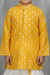 Boys' Yellow Printed Kurta with White Dhoti Set
