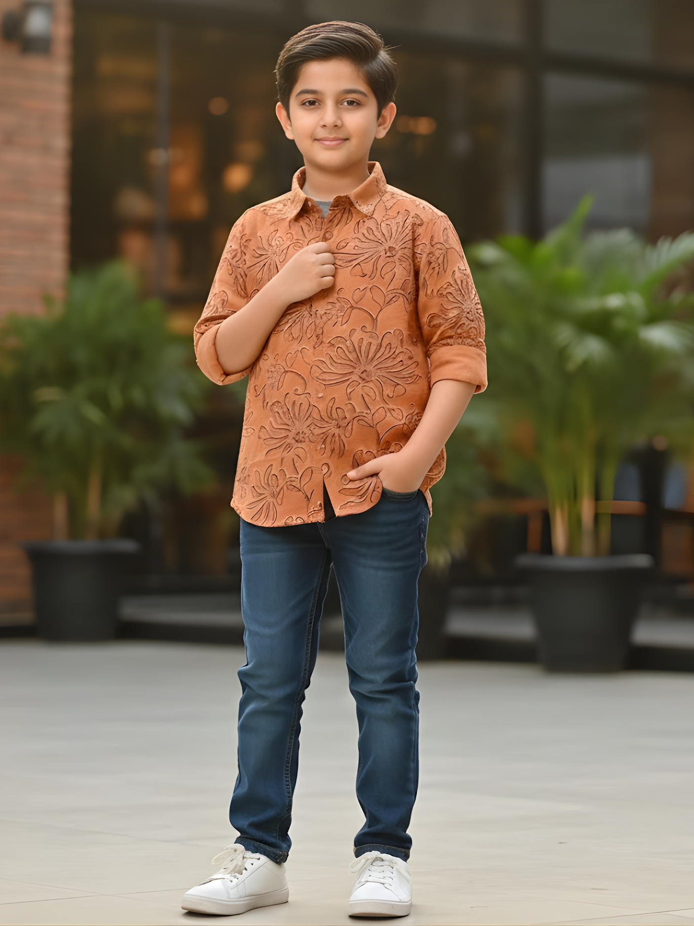 Boys Burnt Orange Floral Embroidered Party Wear Shirt