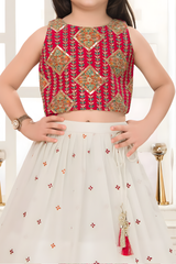 Ruby Red & Cream Embroidered Lehanga Choli Set for Girls