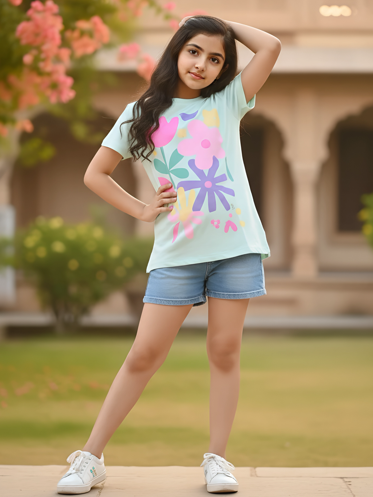 Girls' Light Blue Floral Graphic T-Shirt - "Flowers" Print