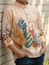 Boys Pastel Yellow Nature Print Cotton Kurta