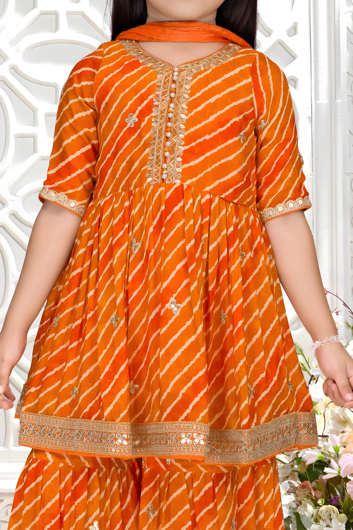 Girls' Orange & Pink Abstract Print Peplum Sharara Set