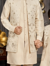 Boys' Cream Silk Blend Kurta Set with Embroidered Nehru Jacket