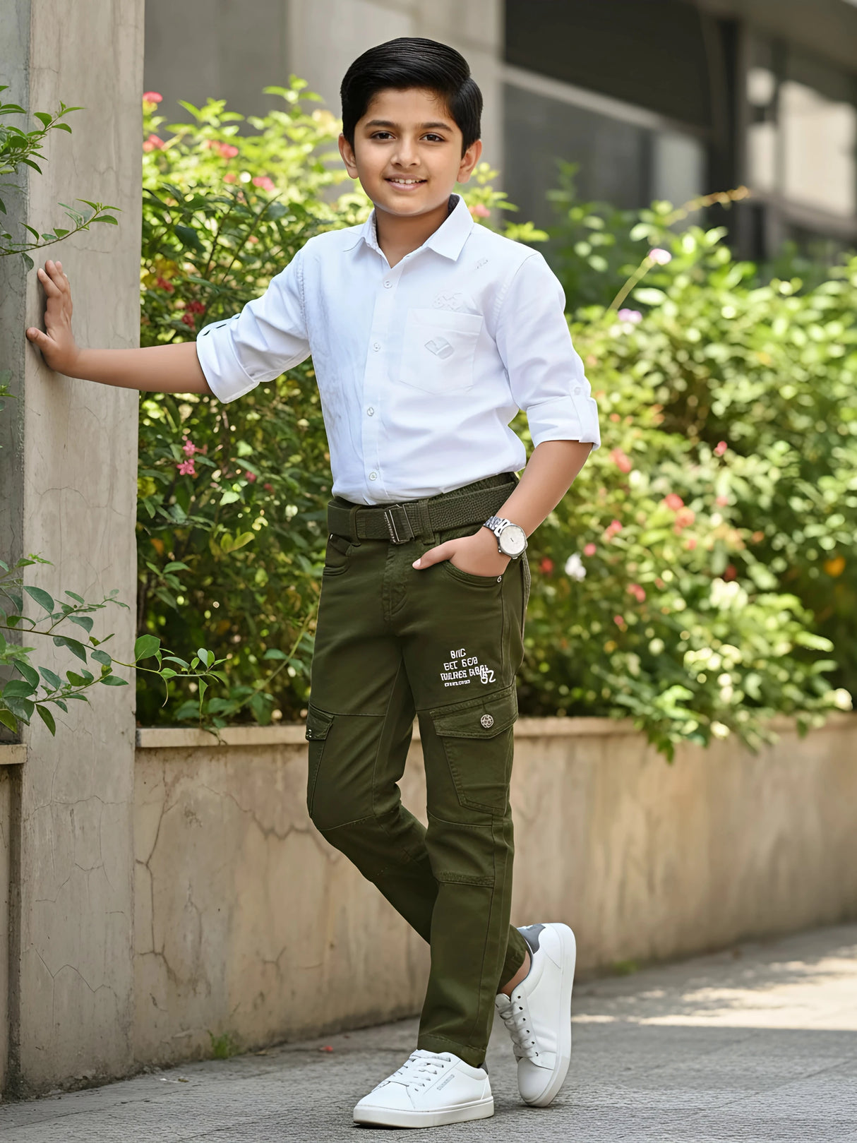Boys' Olive Green Tactical Utility Cargo Pants with Matching Belt
