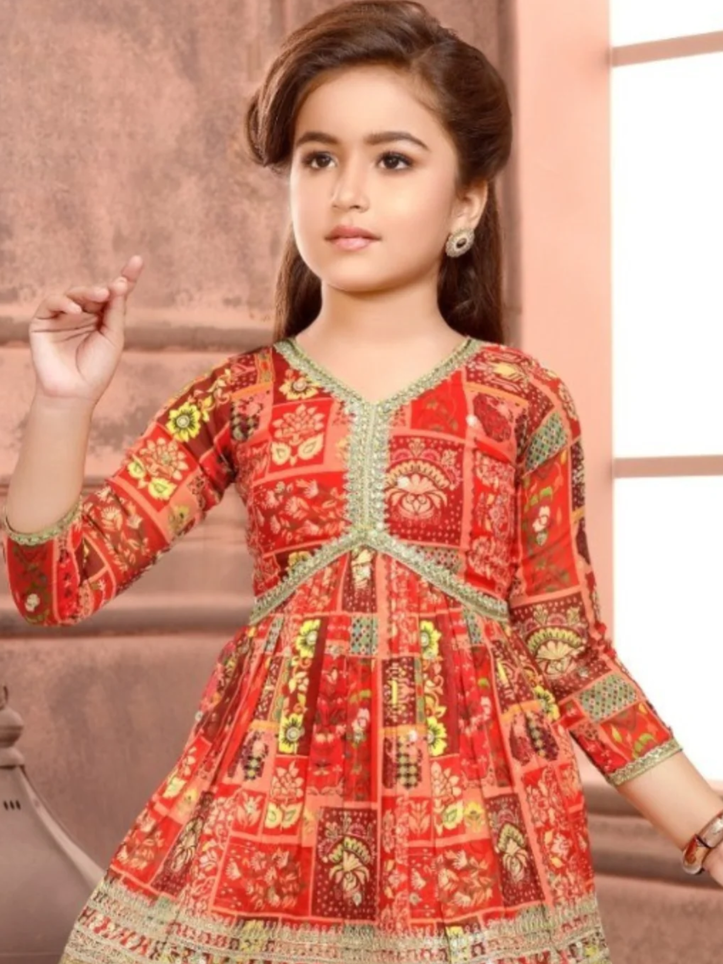 Girls' Vibrant Red Printed Sharara Suit with V-Neck Tunic & Gota Patti Trim