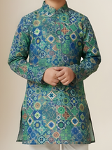 Boys' Festive Multi-Color Geometric Print Kurta with Cream Pyjama Set.