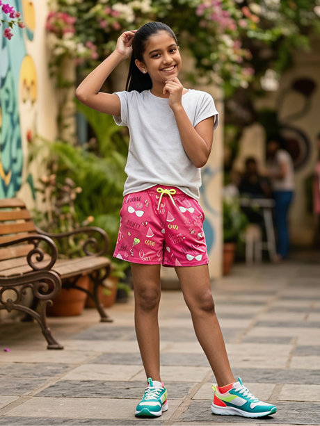 Girls Rani Pink "Queen Vibes" Printed Cotton Shorts