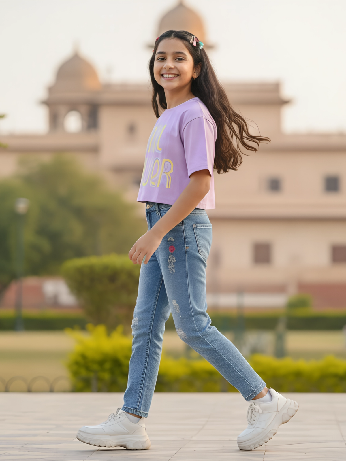 Girls Purple "Girl Power" Graphic Boxy Crop Top