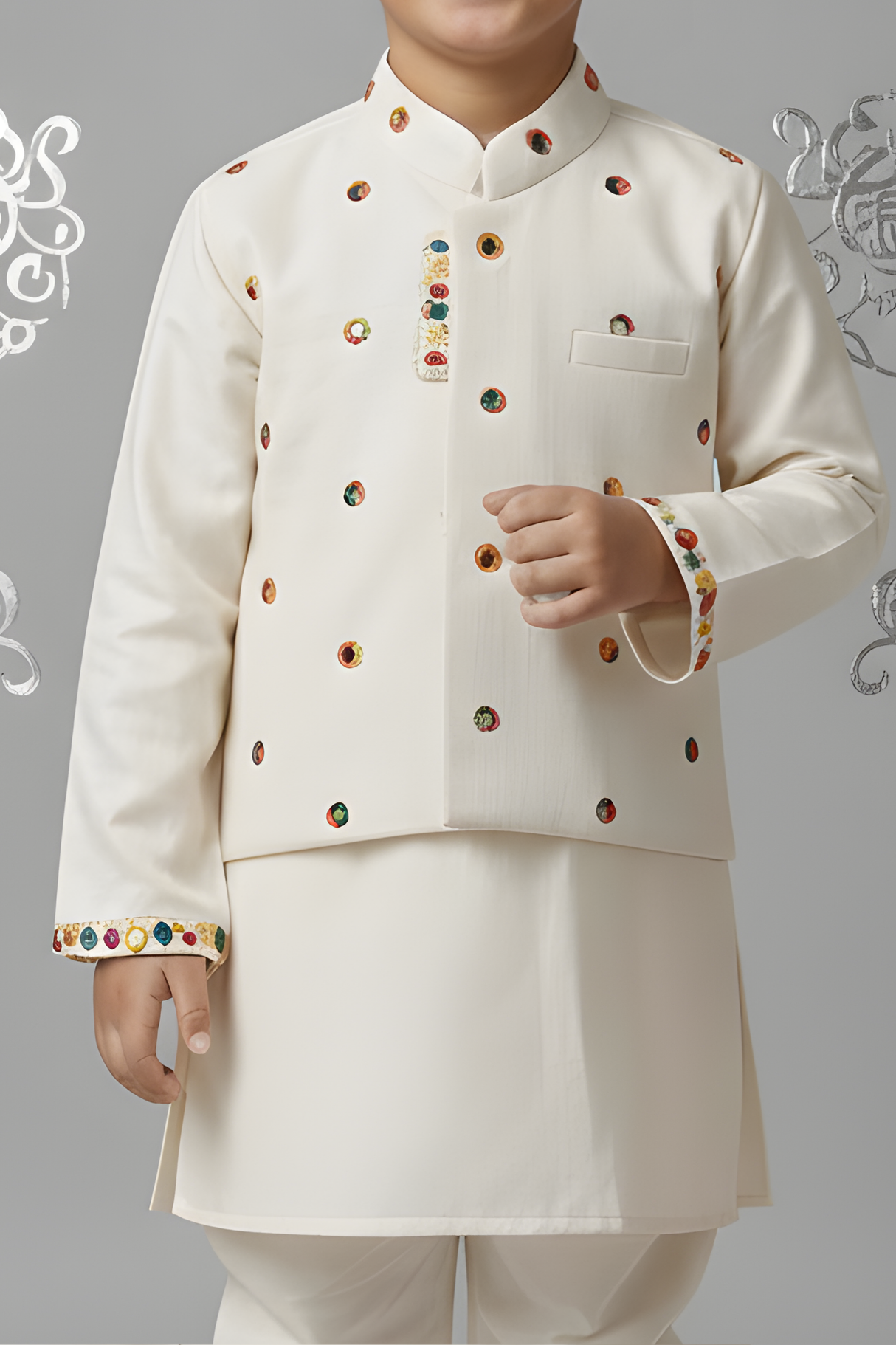 Boys' Ivory Cream Kurta Set with Intricate Embroidered Nehru Jacket