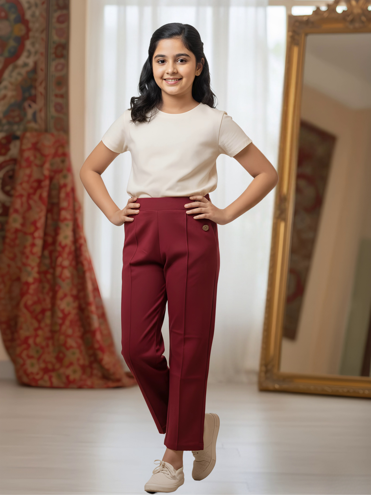 Girls' Maroon Solid Straight Fit Trackpants