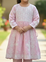 Girls' Pastel Pink Chikankari-Inspired Embroidered Kurti Set