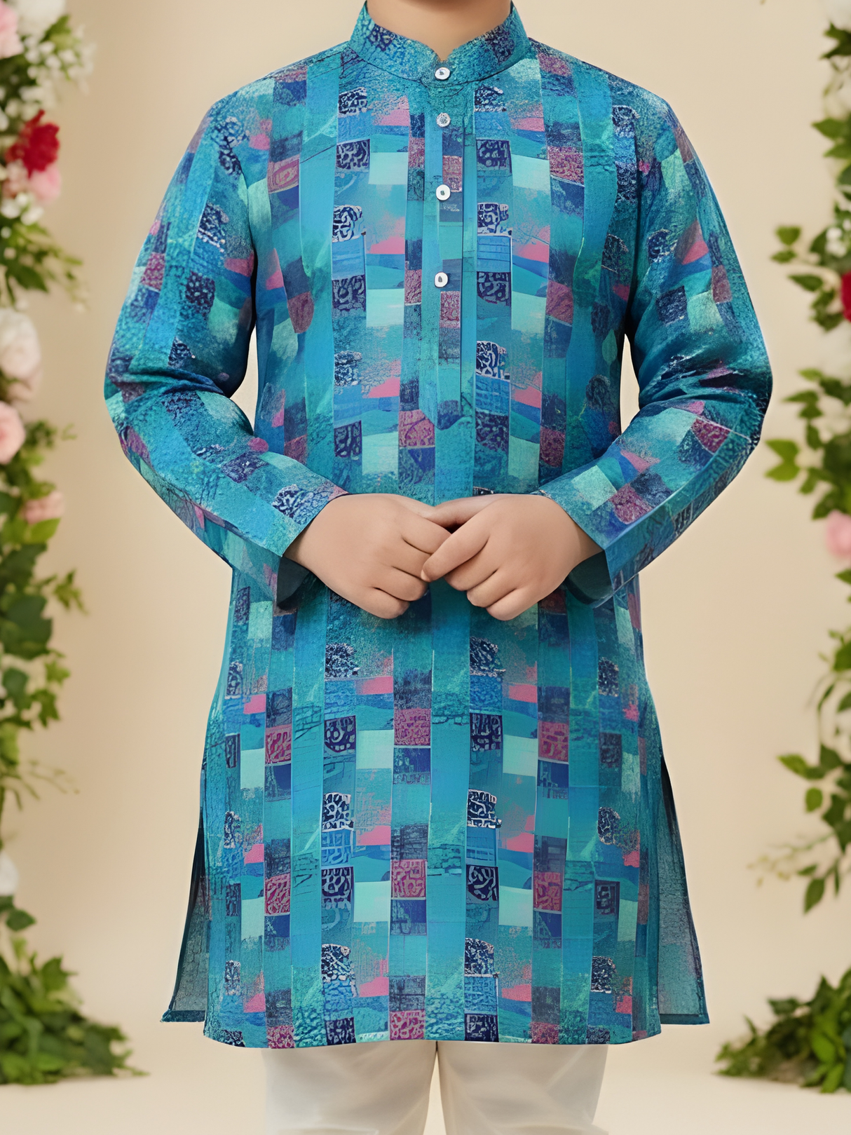 Boys' Green & Blue Festive Geometric Print Kurta with Cream Pyjama Set.