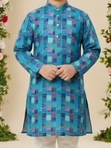 Boys' Green & Blue Festive Geometric Print Kurta with Cream Pyjama Set.