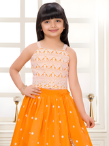 Girls' Tangerine Orange Lehenga Choli with White Threadwork.