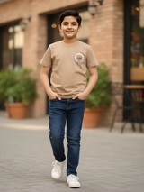 Kids' Faith Cross Logo T-Shirt - Tan/Brown Short Sleeve Tee.